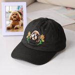 Personalized Embroidered Flower Pet Portrait Photo 100% Cotton Adjustable Baseball Cap with Name Pet Party Birthday Gift for Dog Mom Pet Owner