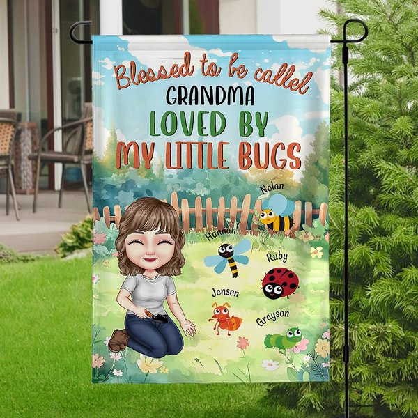 Personalized Cartoon Character Insect Garden Flag with Name Birthday Anniversary Gift for Family Gardening Enthusiasts