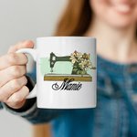 Personalised Birth Flower Sewing Machine Ceramic Coffee Mug with Name Home Kitchen Decor Birthday Gift for Mom Grandma Sewing Enthusiast