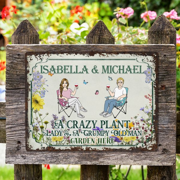Personalized Retro Sitting Cartoon Characters Horizontal Metal Sign with Name Garden Door Decor Birthday Gift for Grandma Mom Gardening Lovers