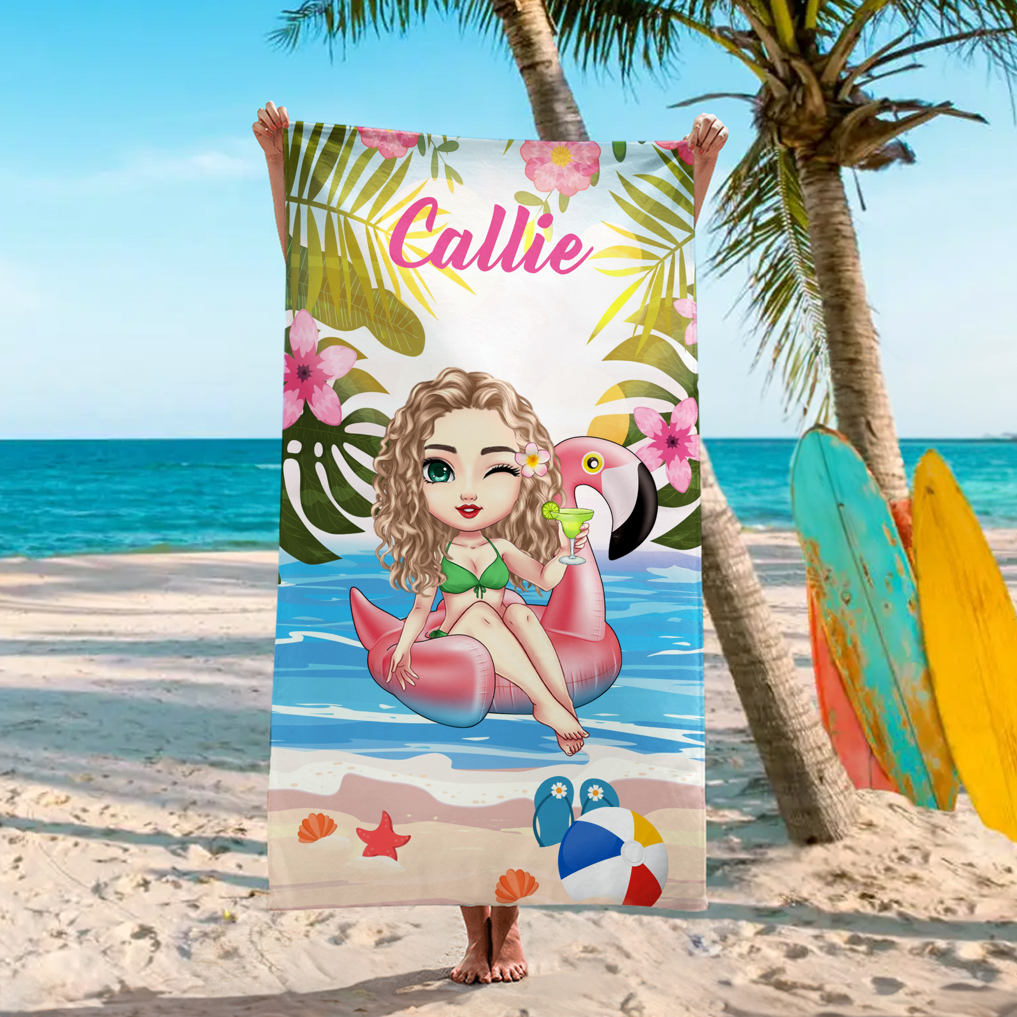 Serviette de Plage Personnalisée avec Personnage de Dessin Animé et Nom Motif Plantes Tropicales Cadeau Anniversaire Plage Vacances pour Femme Fille