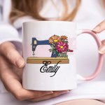 Personalised Birth Flower Sewing Machine Ceramic Coffee Mug with Name Home Kitchen Decor Birthday Gift for Mom Grandma Sewing Enthusiast