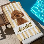 Personalized Pet Photo Stripe Soft Quick Dry Oversized Beach Towel with Name Summer Travel Vacation Essential Birthday Gift for Pet Lovers