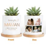 Pot de Fleurs Céramique Personnalisé avec Textes et 4 Photos de Collage Socle en Bambou Cadeau Fête des Mères Anniversaire pour Maman Mamie Famille