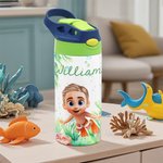 Personalisierte Cartoon Scuba Diver 12 oz isoliert Kind Wasserflasche mit Griff und Stroh zurück zu Schule Geburtstag Geschenk für Jungen Mädchen