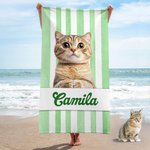 Personalized Pet Photo Stripe Soft Quick Dry Oversized Beach Towel with Name Summer Travel Vacation Essential Birthday Gift for Pet Lovers