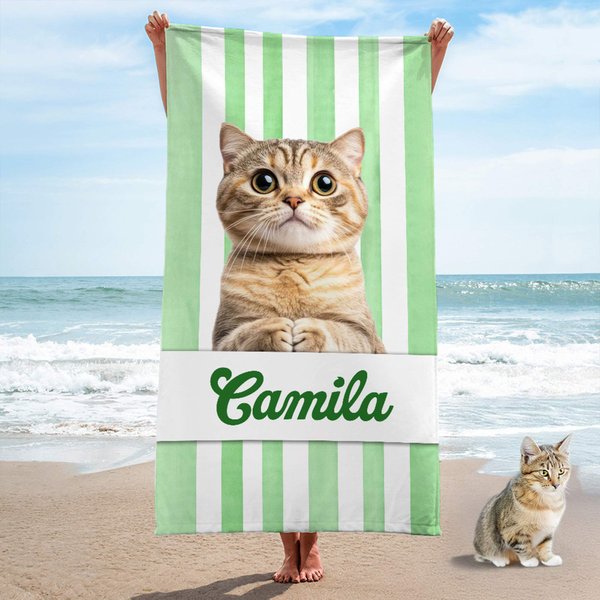Personalized Pet Photo Stripe Soft Quick Dry Oversized Beach Towel with Name Summer Travel Vacation Essential Birthday Gift for Pet Lovers
