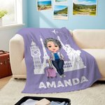 Personalized Cartoon Travel Character Multicolour Soft Throw Blanket with Name Home Decor Birthday Anniversary Travel Gift for Adventure Lovers