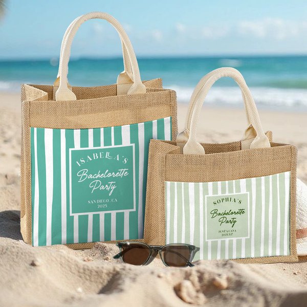 Personalized Muticolour Stripe Bachelor Party Design Jute Tote Bag with Name Travel Accessory Bridesmaid Gift for Women