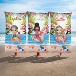 Personalised Tropical Plants Cartoon Character Quick Dry Oversized Beach Towel with Name Summer Vacation Party Birthday Gift for Women Girls