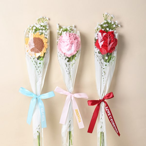 Personalized Sunflower Rose Everlasting Corchet Flowers with Text Ribbon Set of 3 Wedding Party Favor Anniversary Gift for Guest Bridemaid