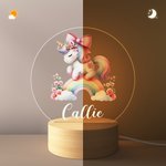 Personalised Rainbow Floral Fantasy Unicorn LED Night Light with Wooden Base and Name Nursery Kid Room Decor Birthday Baby Shower Gift for Girls