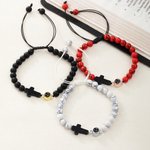 Personalized Tiger Eye Black Gallstone Adjustable Photo Projection Beads Bracelet with Cross Pendant Anniversary Birthday Gift for Christians Friends