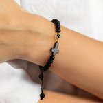 Personalized Tiger Eye Black Gallstone Adjustable Photo Projection Beads Bracelet with Cross Pendant Anniversary Birthday Gift for Christians Friends