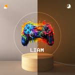Personalized Colorful Splash Ink Gamepad Controller LED Night Light with Pixel Name and Wooden Base Home Decor Birthday Gift for Kids