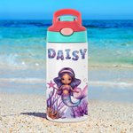 Personalized Fantasy Mermaid 12 oz Insulated Water Bottle with Name and Spill-proof Lid Back to School Birthday Gift for Girls