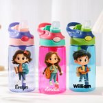 Personalized Cute Cartoon Character Name 16 oz Kid Water Bottle with Straw and Spill-Proof Lid Birthday Back to School Gift for Boys Girls