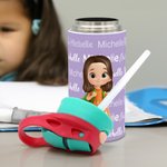 Personalised Cartoon Kid Character Word Cloud 12oz Kids Insulated Water Bottle with Handle and Silicone Straw Birthday Gift for Boys Girls
