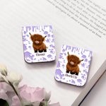 Personalized Cute Highland Cow PU Leather Magnetic Bookmark Clip with Name Birthday Gift for Readers Bookworms Highland Cow Enthusiasts