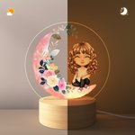 Personalised Cartoon Character Moon Flower LED Night Light with Wooden Base with Name Christmas Birthday Gift for Girls Boys