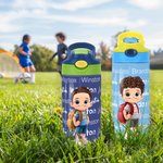 Personalised Cartoon Kid Character Word Cloud 12oz Kids Insulated Water Bottle with Handle and Silicone Straw Birthday Gift for Boys Girls
