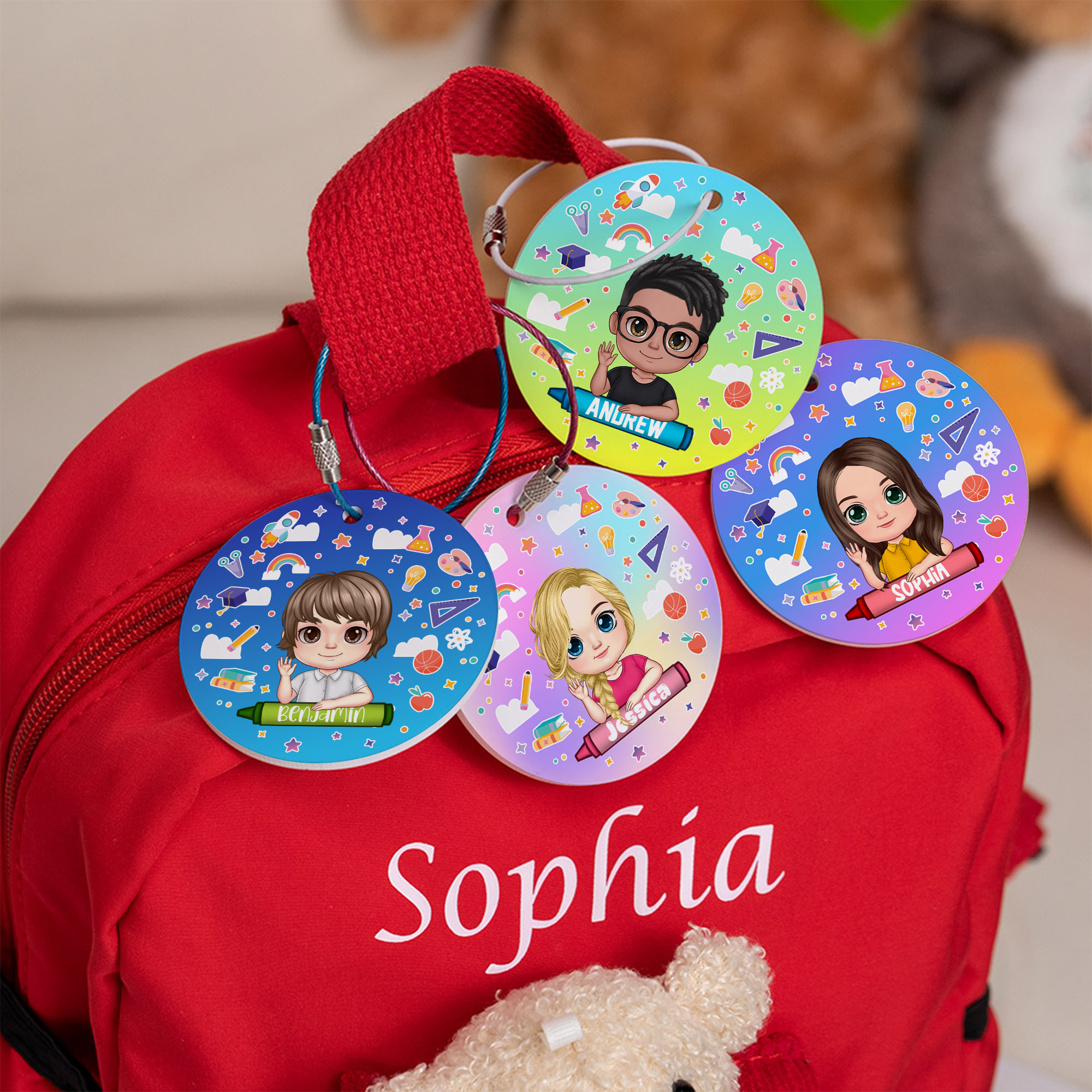 Etiquette de sac en acrylique personnalisée avec nom et personnage de dessin animé Cadeau de rentrée scolaire pour garçons filles