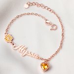 Personalised Heart Birthstone Birth Flower Bracelet with Name Dainty Jewellery Anniversary Birthday Gift for Women