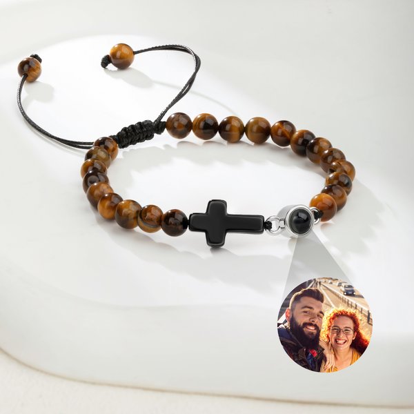Personalised Tiger Eye Black Gallstone Adjustable Photo Projection Beads Bracelet with Cross Pendant Anniversary Birthday Gift for Christians Friends