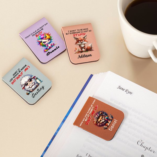 Personalized Cartoon Lion Cow Grumpy Animals Magnetic PU Leather Bookmark Clip with Name Reading Accessory Birthday Gift for Friends Bookworms