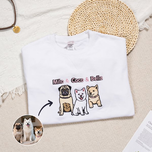Personalized Embroidered Dog Cat Pet Portrait Photo T-shirt Sweatshirt Hoodie with Name Birthday Holiday Gift for Pet Owners Lovers