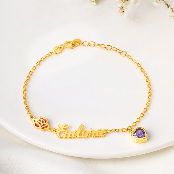 Personligt armband med födelsestenar och blommor med namn Smycken Födelsedagspresent för kvinnor