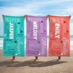 Personalized Multicolor Word Cloud Quick Dry Oversized Beach Towel with Name Pool Party Summer Vacation Gift for Family Friends