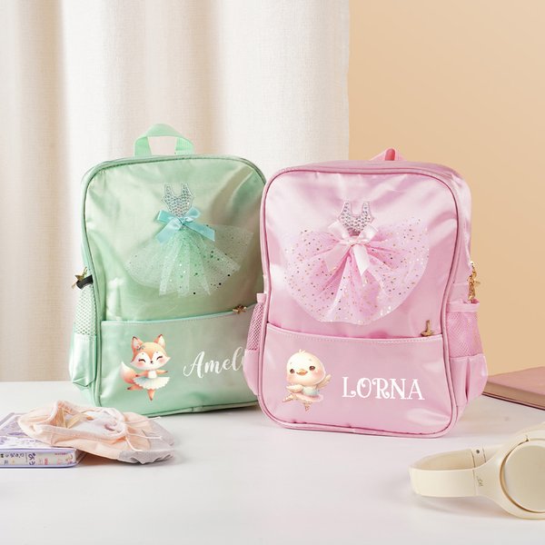 Falda de ballet de malla personalizada Animales de ballet de dibujos animados Nombre Mochila con cremallera y bolsillos laterales Cumpleaños Vuelta al cole Regalo para niños Niñas
