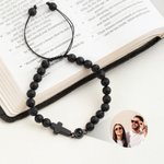 Personalized Tiger Eye Black Gallstone Adjustable Photo Projection Beads Bracelet with Cross Pendant Anniversary Birthday Gift for Christians Friends