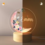 Personalisierte Mond florale Muster Kinderzimmer LED-Nachtlicht mit hölzernen Basis Name Kinderzimmer Dekoration Baby-Dusche Geburtstag Geschenk für Kind