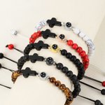 Personalized Tiger Eye Black Gallstone Adjustable Photo Projection Beads Bracelet with Cross Pendant Anniversary Birthday Gift for Christians Friends