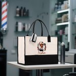 Personalized Stylish Cartoon Barber Large Canvas Tote Bag with Name Travel Accessory Salon Opening Birthday Gift for Hairdresser Friends