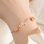 Personalised Heart Birthstone Birth Flower Bracelet with Name Dainty Jewellery Anniversary Birthday Gift for Women