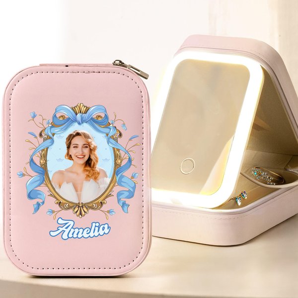 Personalised Princess Photo Frame PU Leather Travel Jewellery Box with Name and LED Makeup Mirror Birthday Wedding Bridal Shower Gift for Girls Brides