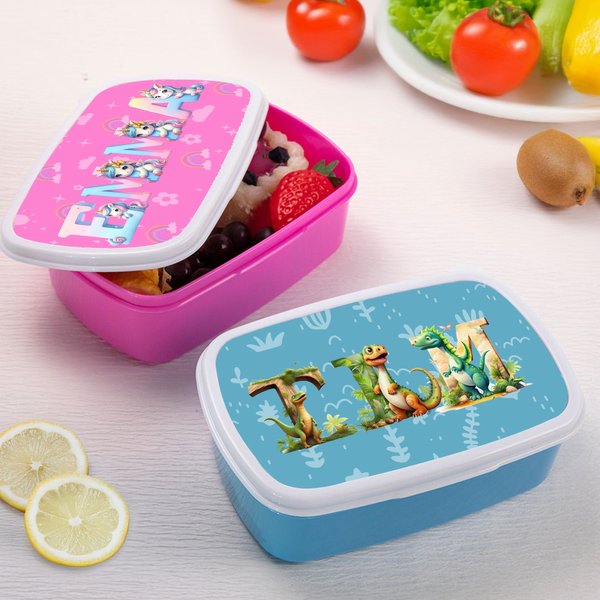 Personifierad söt dinosaurie fantasi-enhörning lunchlåda med namn skolstart födelsedagspresent för flickor pojkar