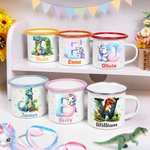 Personlig Fantasy Unicorn Dinosaurie 12 oz Flerfärgad emaljmugg med namn och initialer Födelsedagsbagagagåva till skolan Present till barn