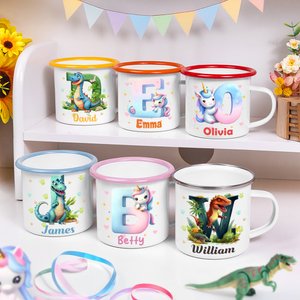 Personalised Fantasy Unicorn Dinosaur 12 oz Multicolor Rim Enamel Mug with Name and Initial Birthday Back to School Gift for Kids