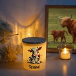 Personlig söt Highland Cow LED-ljusburk med namn och trälock Heminredning Födelsedagsjubileum Present till familjen Highland Cow-älskare