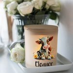 Personlig söt Highland Cow LED-ljusburk med namn och trälock Heminredning Födelsedagsjubileum Present till familjen Highland Cow-älskare