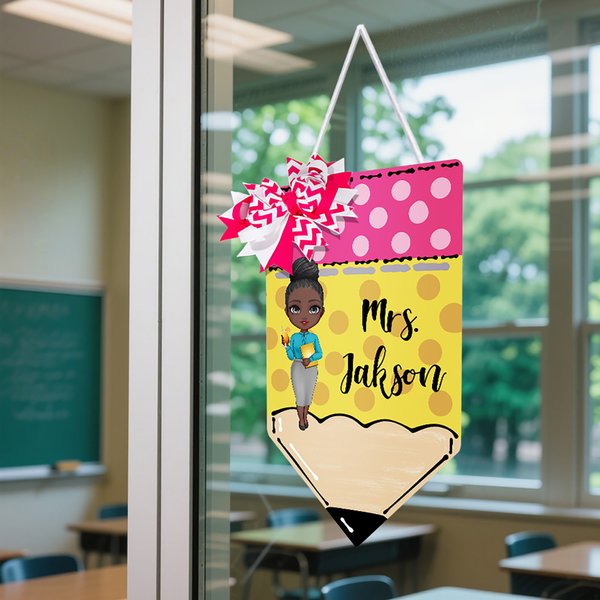 Personalized Cartoon Teacher Character Wooden Pencil Sign with Surname and Bow Door Hanger Back to School Teacher's Day Appreciation Gift for Teachers