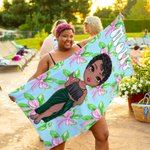 Personalized Floral Bow Cartoon Character Quick Dry Oversized Beach Towel with Name Beach Party Summer Vacation Gift for Swimming Lovers