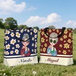 Personalized Cartoon Girl Flying Birth Flower Large Tote Bag with Name Daily Use Travel Essential Birthday Anniversary Gift for Women