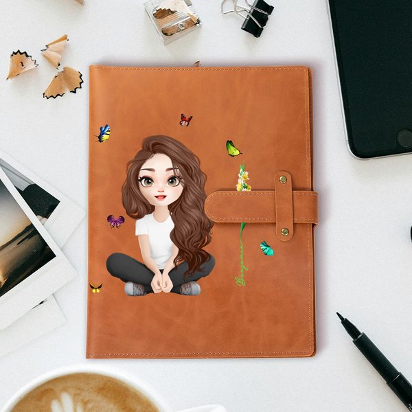 Personalised 3D Cartoon Character Birth Flower A5 PU Leather Notebook Cover with Name and Storage Pocket Birthday Travel Essentials Gift for Women