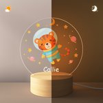 Personalized Cute Animal Space Astronaut Stars Planet LED Night Light with Wooden Base and Name Nursery Decor Birthday Holiday Gift for Kids
