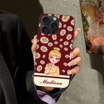 Gepersonaliseerde Cartoon Girl Flying Birth Flower Multicolor TPU telefoonhoesje voor iPhone met naam Fashion accessoires vakantie verjaardagscadeau voor vrouwen